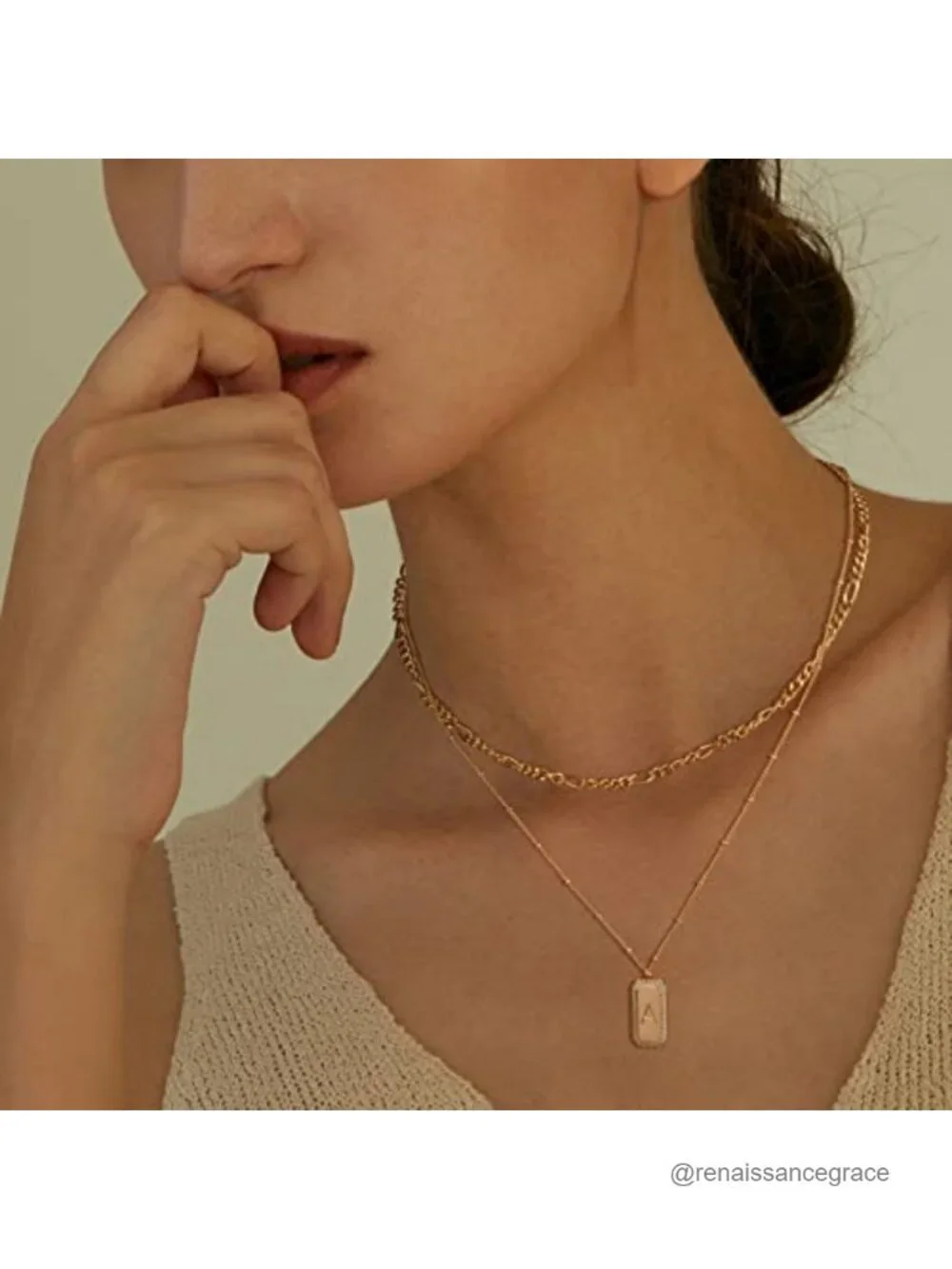 14K Gold Plated Initial Necklace Layered Figaro Chain Choker Dainty Letter